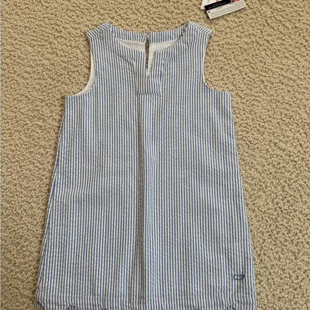 Vineyard Vines Blue and White Seersucker Dress with Scalloped Detail - 3t
